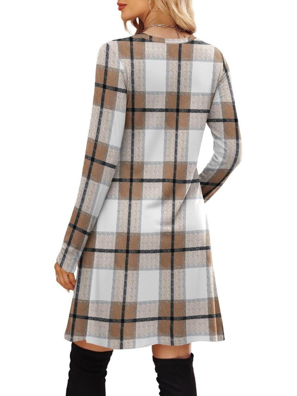 Women's Brown Palid Long Sleeve Comfort Crew Neck Empire Waist Tunic Mini Dress - Picture 5 of 5